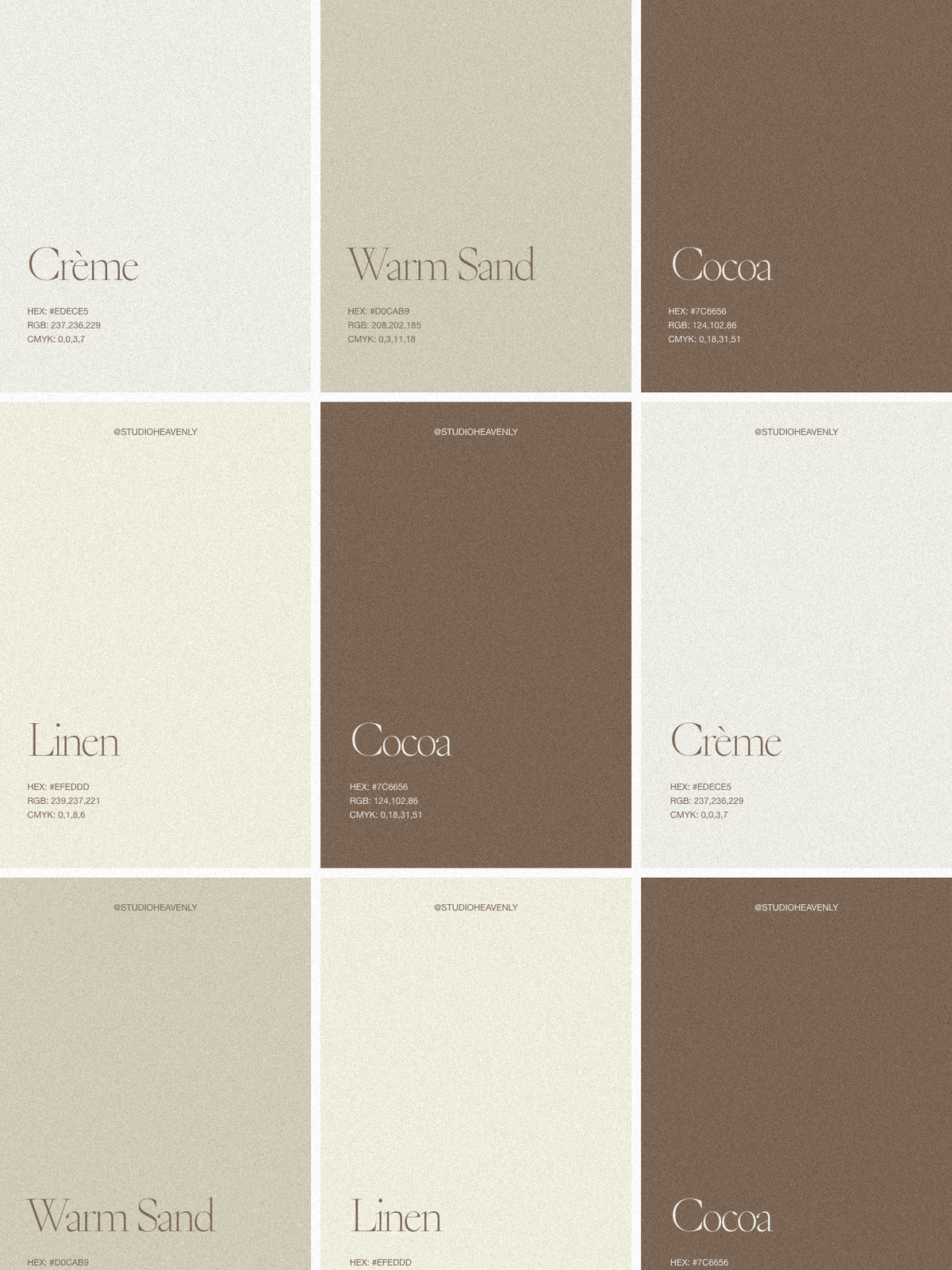 Luxury brand color palette featuring Ivory, Silver, Almond, and Charcoal with hex codes, created by Studio Heavenly