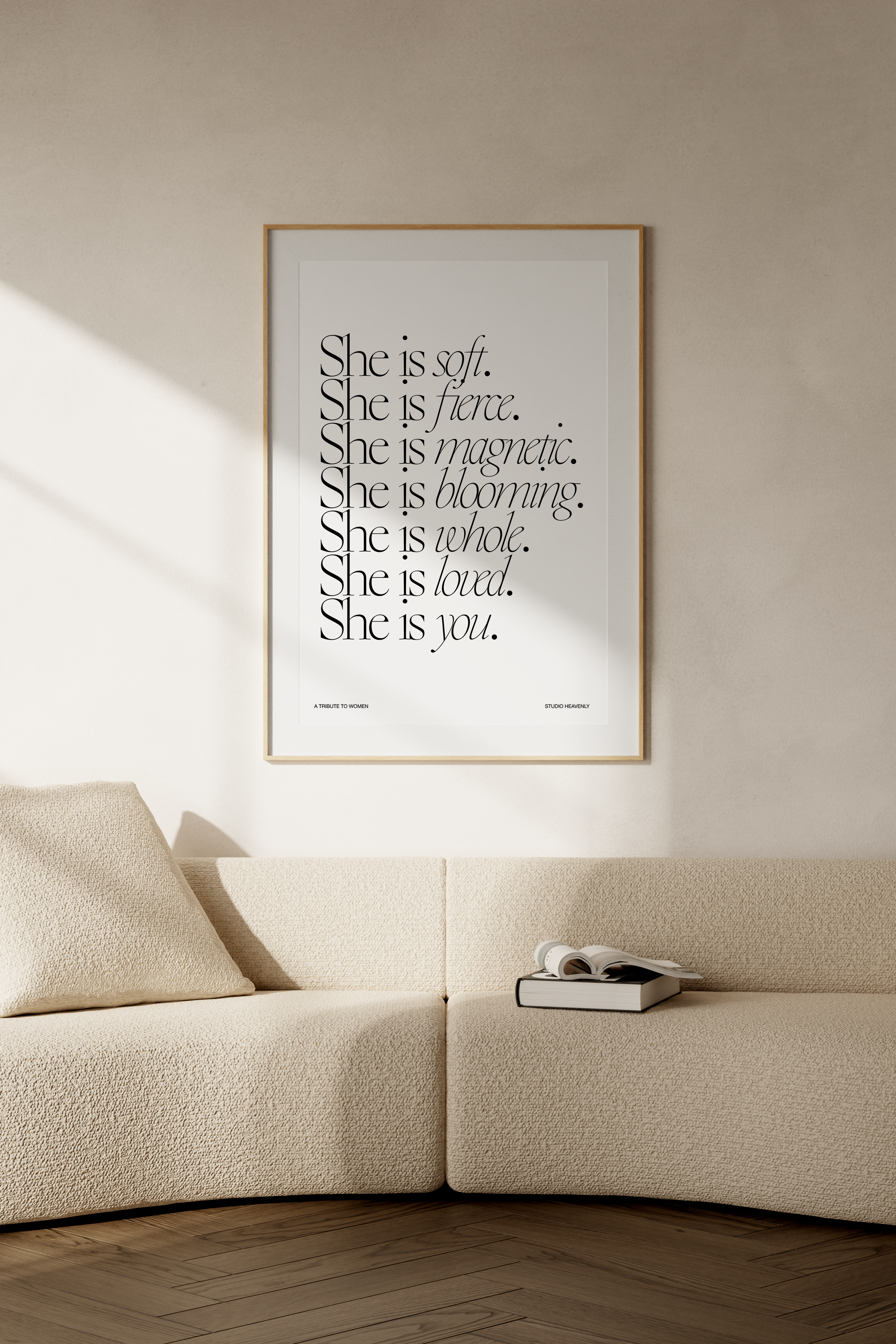 She Is soft fierce magnetic blooming whole loved you black and white women empowerment print by Studio Heavenly